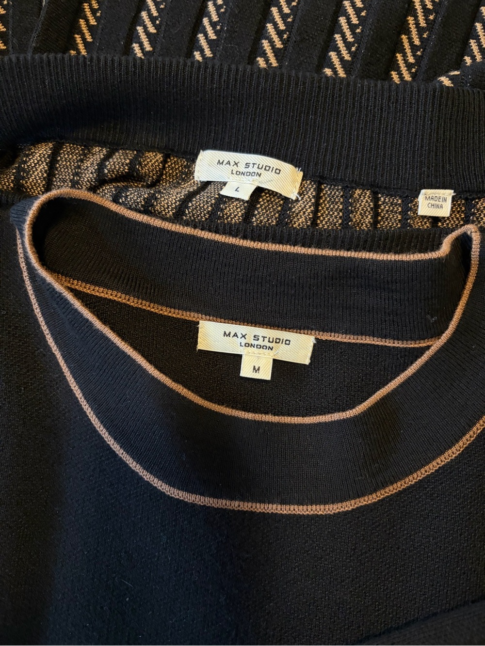 Max Studio Black Crewneck Sweater with Tan Contrast Trim w/Pleated Sweater Skirt - Picture 4 of 4